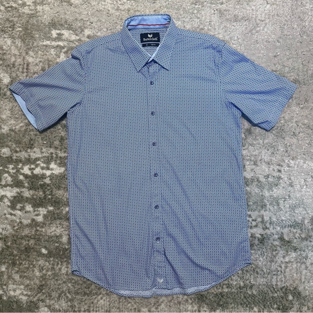 Buttercloth XL Tall Fit Blue Patterned Men's Short Sleeve Shirt
